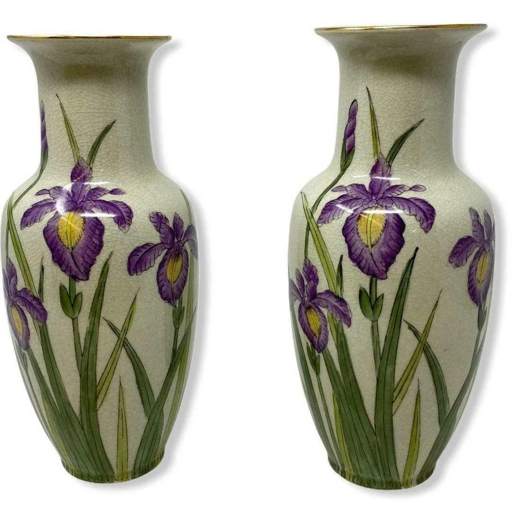 Vtg Andrea by Sadek Pair of Vases Hand painted Purple Iris Signed & Numbered 10